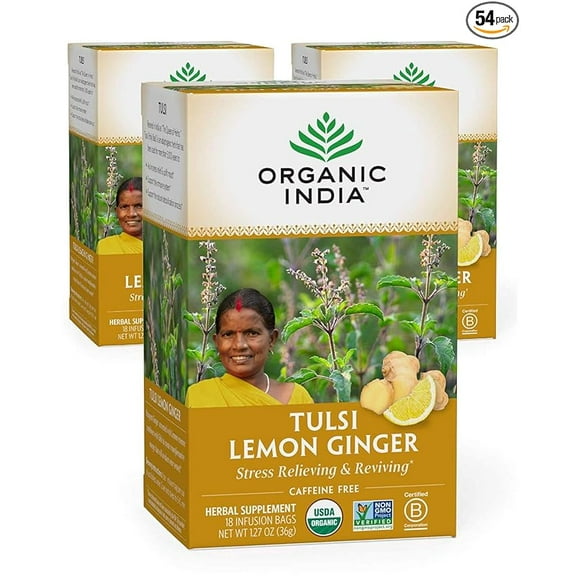 Organic India Tulsi Lemon Ginger Herbal Tea - Holy Basil, Stress Relieving & Reviving, Immune Support, Aids Digestion, Vegan, USDA Certified Organic, Non-GMO, Caffeine-Free - 18 Infusion Bags, 3 Pack