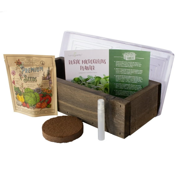 Organic Indoor Microgreens Growing Kit - With Reclaimed Barnwood Style Planter - Rich Brown - Complete Soil Based Indoor Garden Kit With Organic Purple Radish Microgreens Seeds - Rustic Kitchen Decor