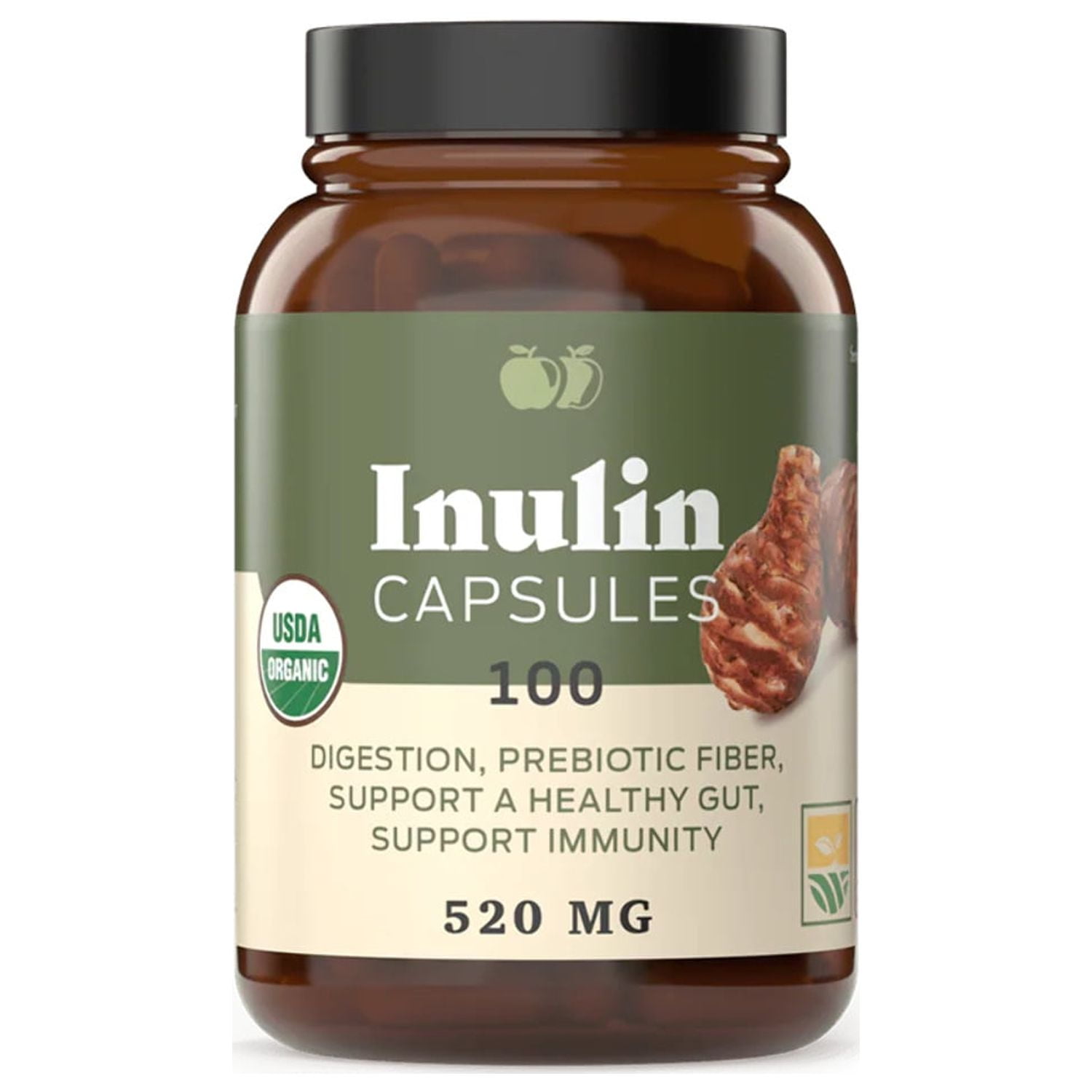 Organic Inulin Capsules 520mg 100 Pills, Organic Jerusalem Artichoke