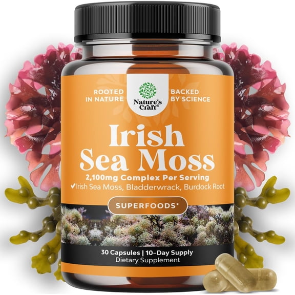 Irish Sea Moss Capsules - Sea Moss and Bladderwrack Capsules with Burdock Root Superfood Blend for Immune Support Heart Health Fertility Joint Health and Thyroid Support for Women and Men