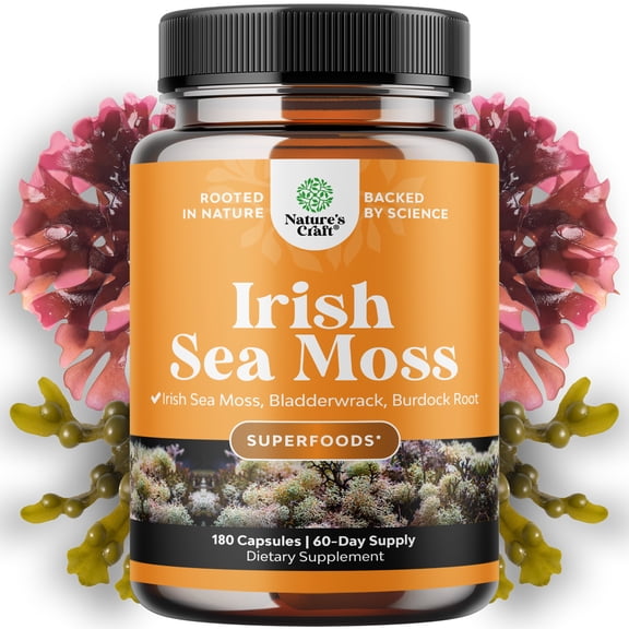 Nature’s Craft Organic Irish Sea Moss Capsules for Immune Support and Thyroid Support, 180 Count