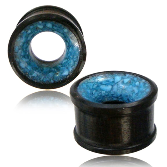 Organic Iron Wood Turquoise Inlay Double Flared Saddle Ear Tunnels, Pair