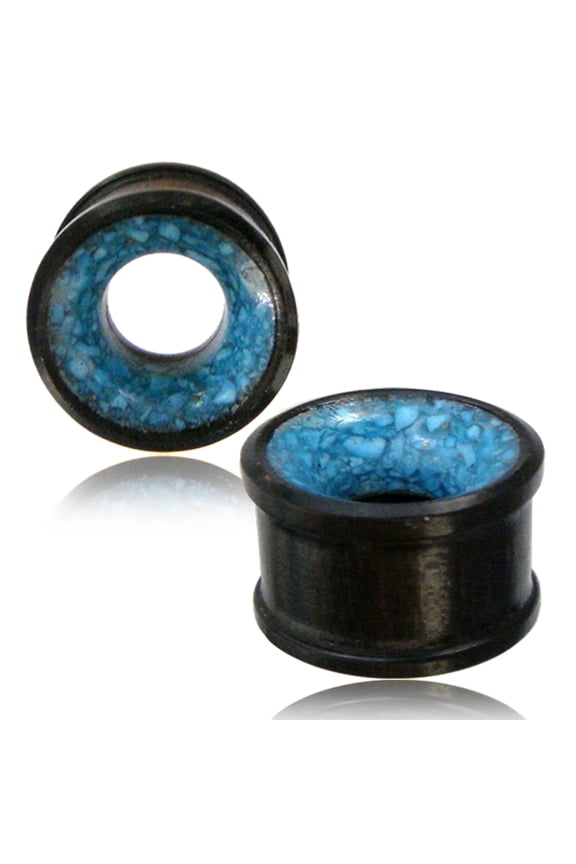 Organic Iron Wood Turquoise Inlay Double Flared Saddle Ear Tunnels, Pair