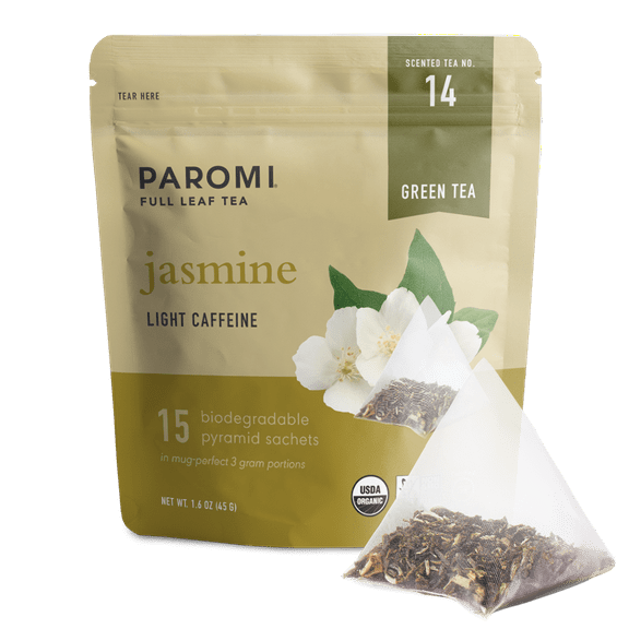 Organic Jasmine Green Tea, Full Leaf, in Pyramid Tea Bags by Paromi Tea