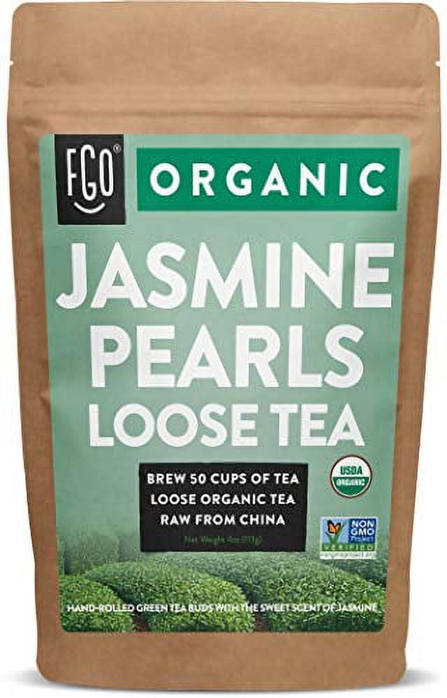Organic Jasmine Pearls Green Tea | Brew 50 Cups | 4oz/113g Resealable Kraft Bag | by FGO