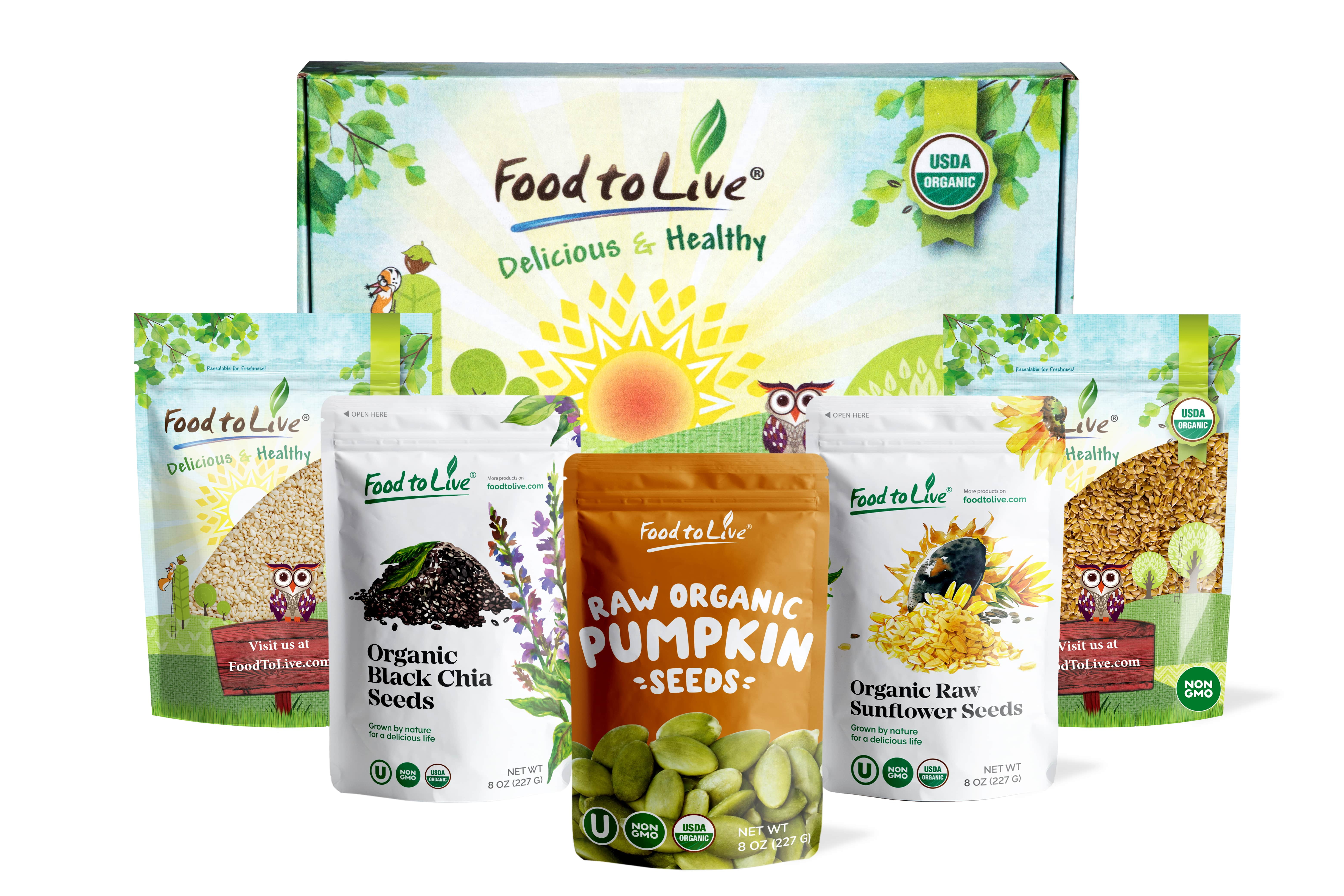 Organic Keto Raw Seeds in a Gift Box - Pumpkin Seeds, Sesame Seeds, Sunflower Seeds, Chia Seeds, Golden Flax Seeds