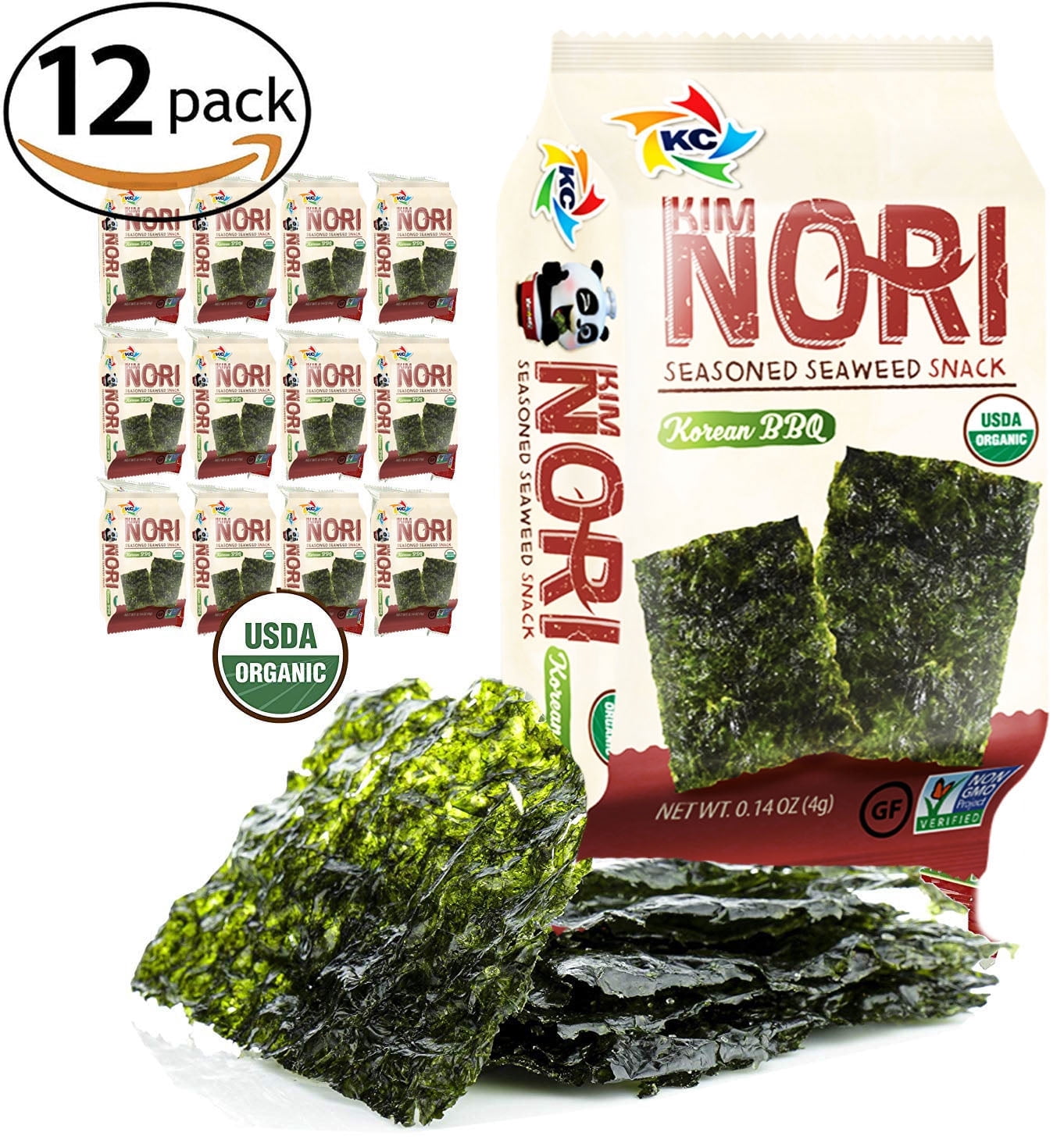 Organic Kimnori Seasoned Roasted Seaweed Snacks - 4g X 12 Pack Net 1.69 oz (48g) Kim Nori - 12 Individual Packs 12 Pack (Korean BBQ)