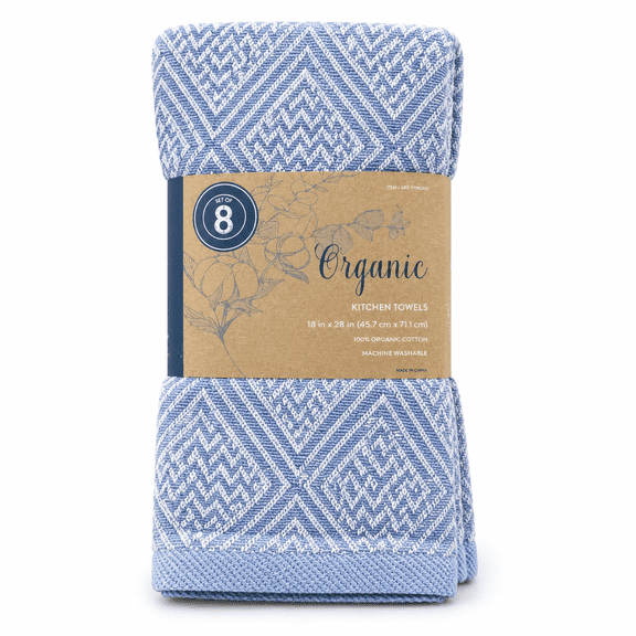 Organic Kitchen Towels, 8-Pack, Blue, 18 x 28 in, 100% Organic Cotton