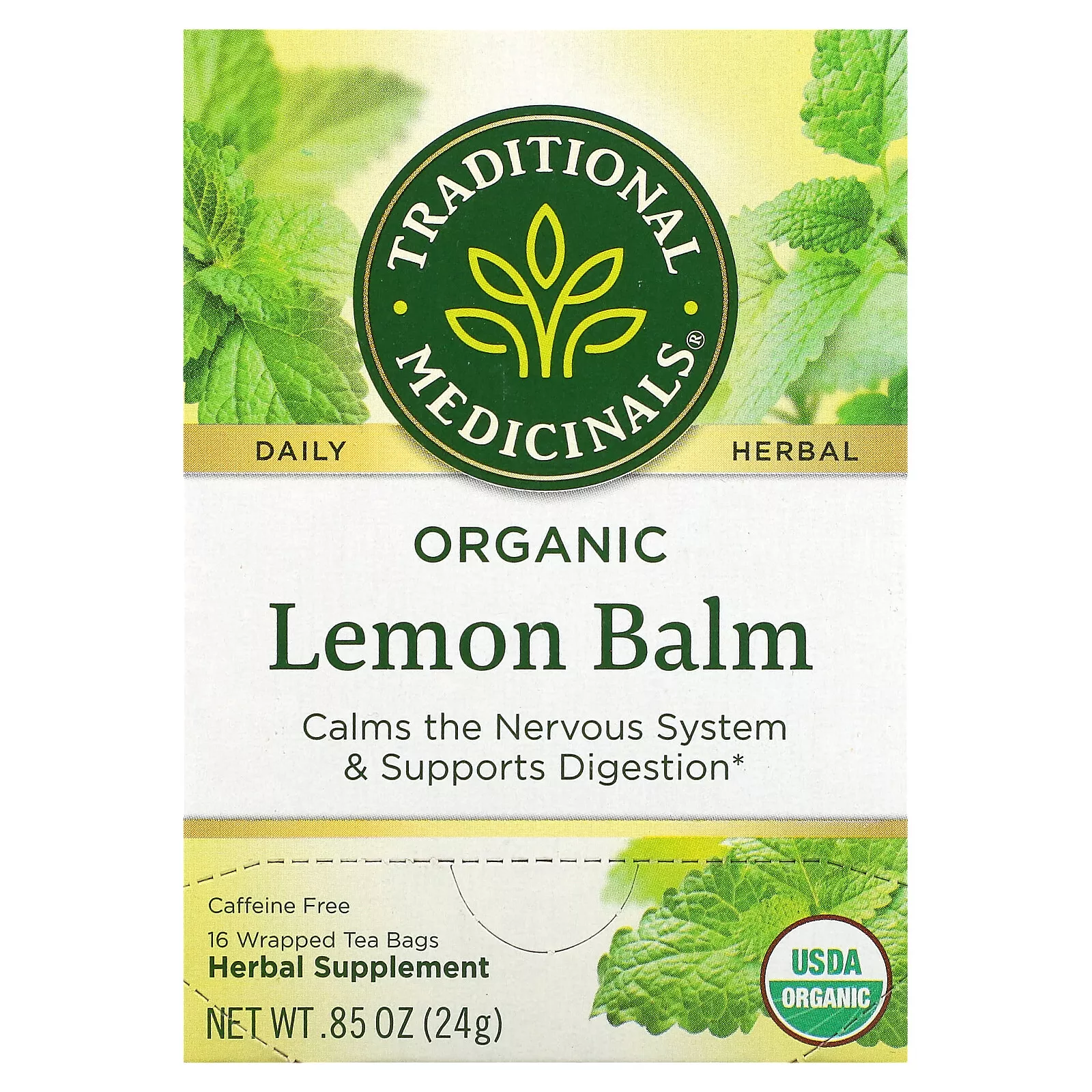 Organic Lemon Balm, Caffeine Free, 16 Wrapped Tea Bags, 0.85 oz (24 g)