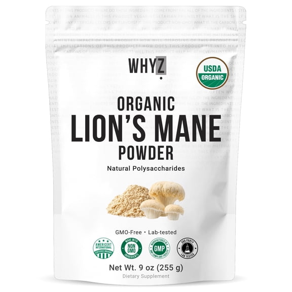 Organic Lions Mane Mushroom Powder Fruiting Body Superfood Freeze-Dried Unflavored Natural Polysaccharides for Smoothies Coffee Supports Brain Focus Energy Vegan Gluten-Free Non-GMO, 9 oz (255g)