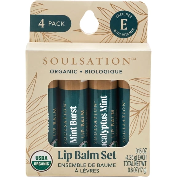 Soulsation Organic Lip Balm Moisturizing Set for Cracked and Dry Lips, Mixed Flavors, Set of 4