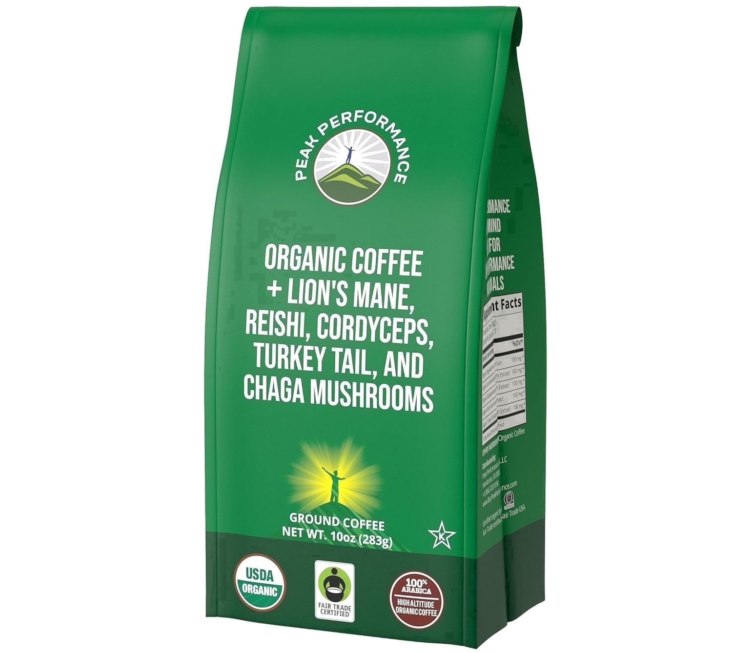 Peak Performance Mushroom Coffee - Organic Low Acid Coffee with Lion's Mane, Reishi, Cordyceps, Turkey Tail and Chaga - 10 Ounce Bag