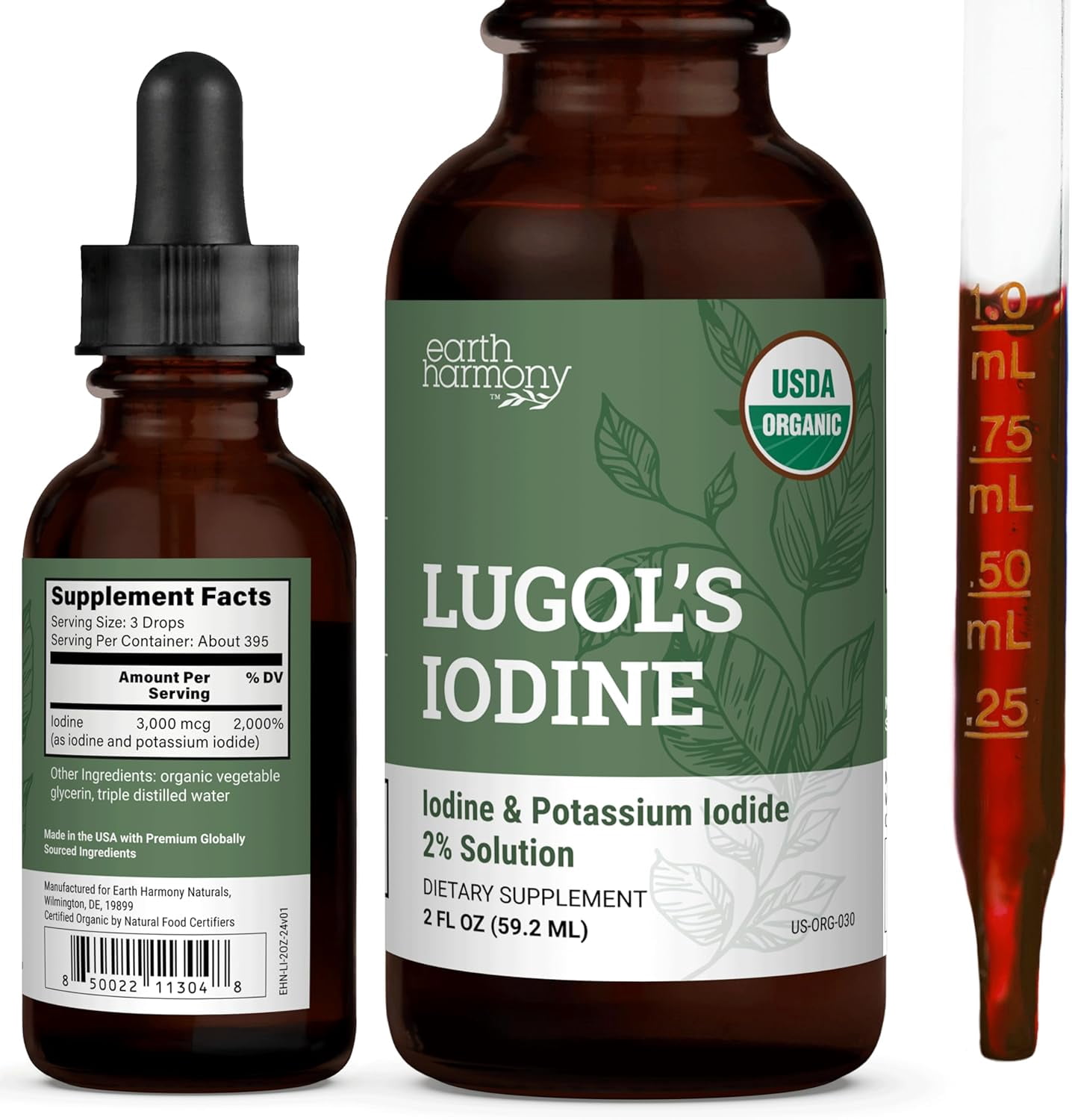 Earth Harmony Lugol's Iodine Liquid Supplement, 2% Solution, 2 fl oz, Supports Thyroid and Metabolism
