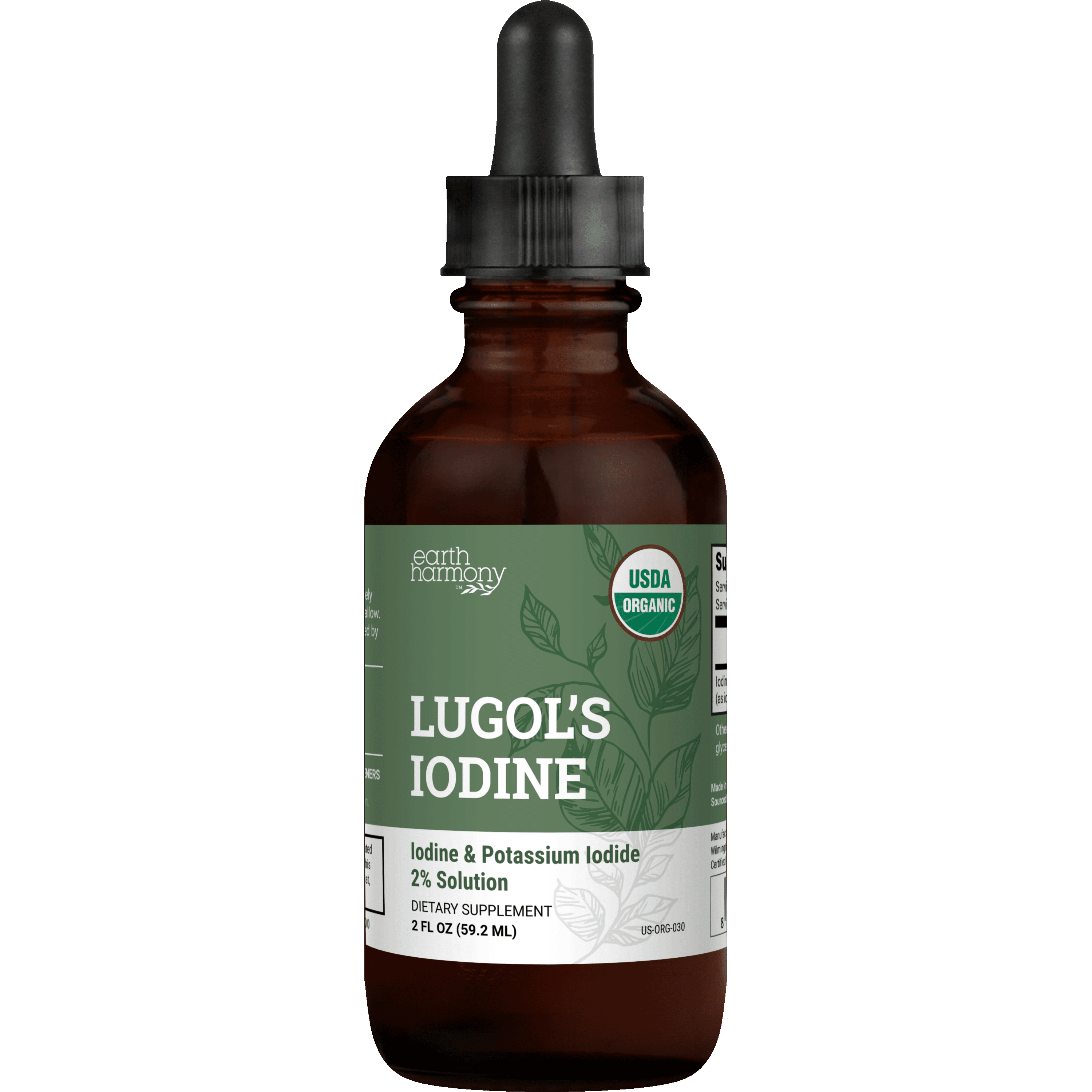 Earth Harmony Organic Lugols Iodine Drops 2 Percent Solution - Thyroid, Hair, Skin Health - 2 fl oz