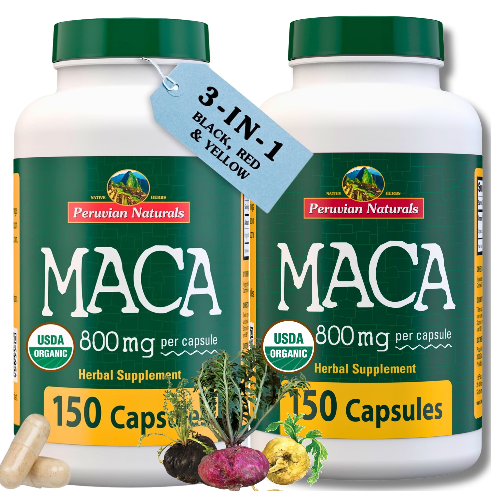 Organic Maca 150 Black Red Yellow Maca Capsules Gelatinized Maca Root Powder  from Peru, Supplement for Men & Women