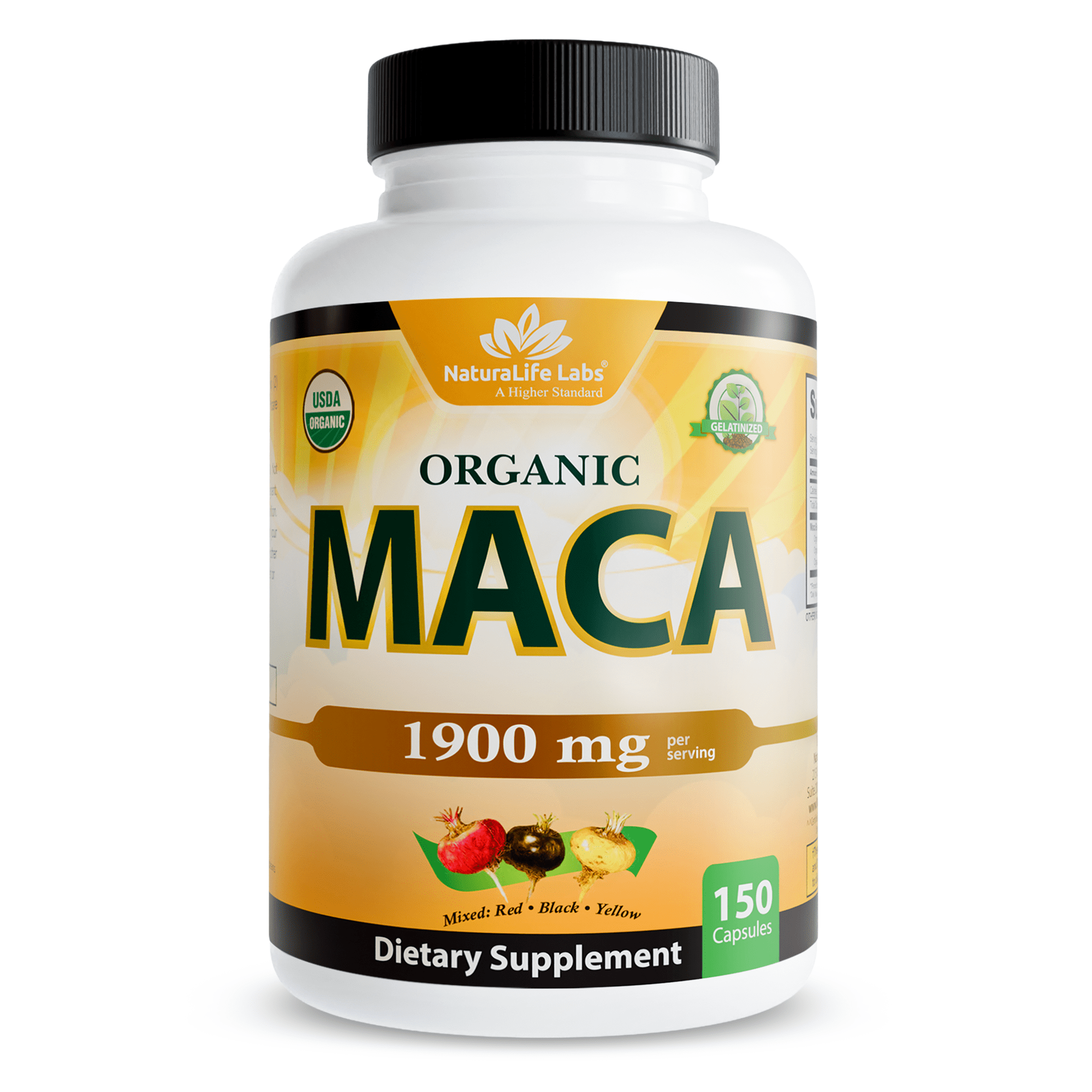 Organic Maca Root Black, Red, Yellow 1900 mg per serving - 150 Vegan Capsules Peruvian Maca Root Gelatinized