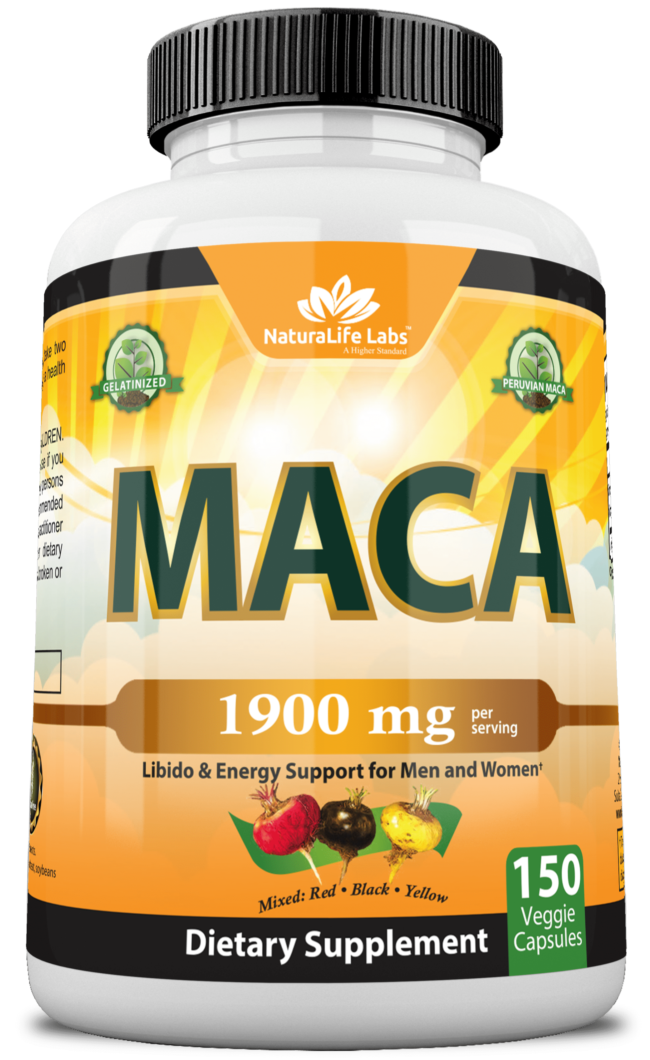 Organic Maca Root Black, Red, Yellow 1900 mg per serving - 150 Vegan Capsules Peruvian Maca Root Gelatinized