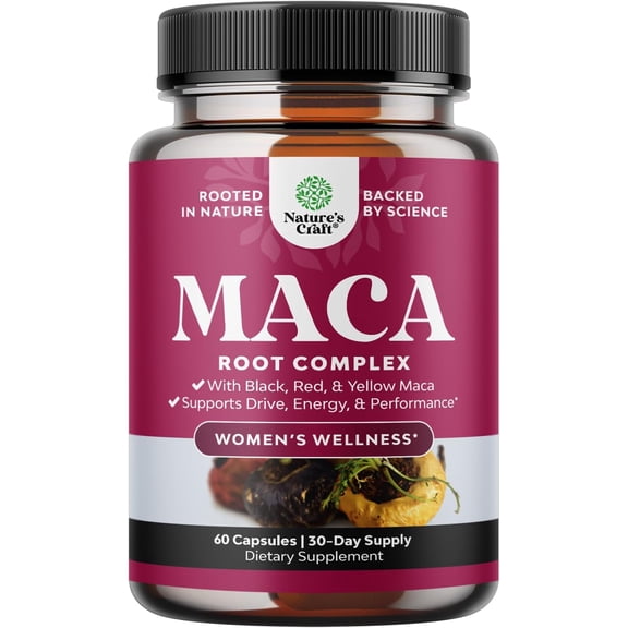 Maca Root Capsules for Women - Potent Herbal Supplement with Female Enhancing Blend of Red Yellow & Black Maca Root - Non-GMO Certified Vegan and Gluten-Free with No Artificial Colors - 60ct