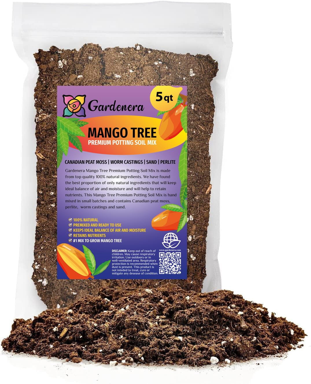 🌿 Organic Mango Tree Plant Soil Mix by Gardenera Labs - Cultivate Fruity Excellence with Natural and Nutrient-Rich Formula - 5 QUART