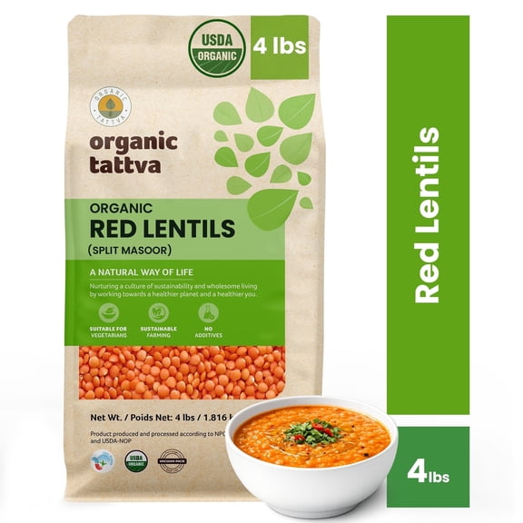 Organic Tattva Dry Split Red Lentils 4LB, Unpolished Masoor Dal, Vegan, Kosher, No Additives, USDA Certified