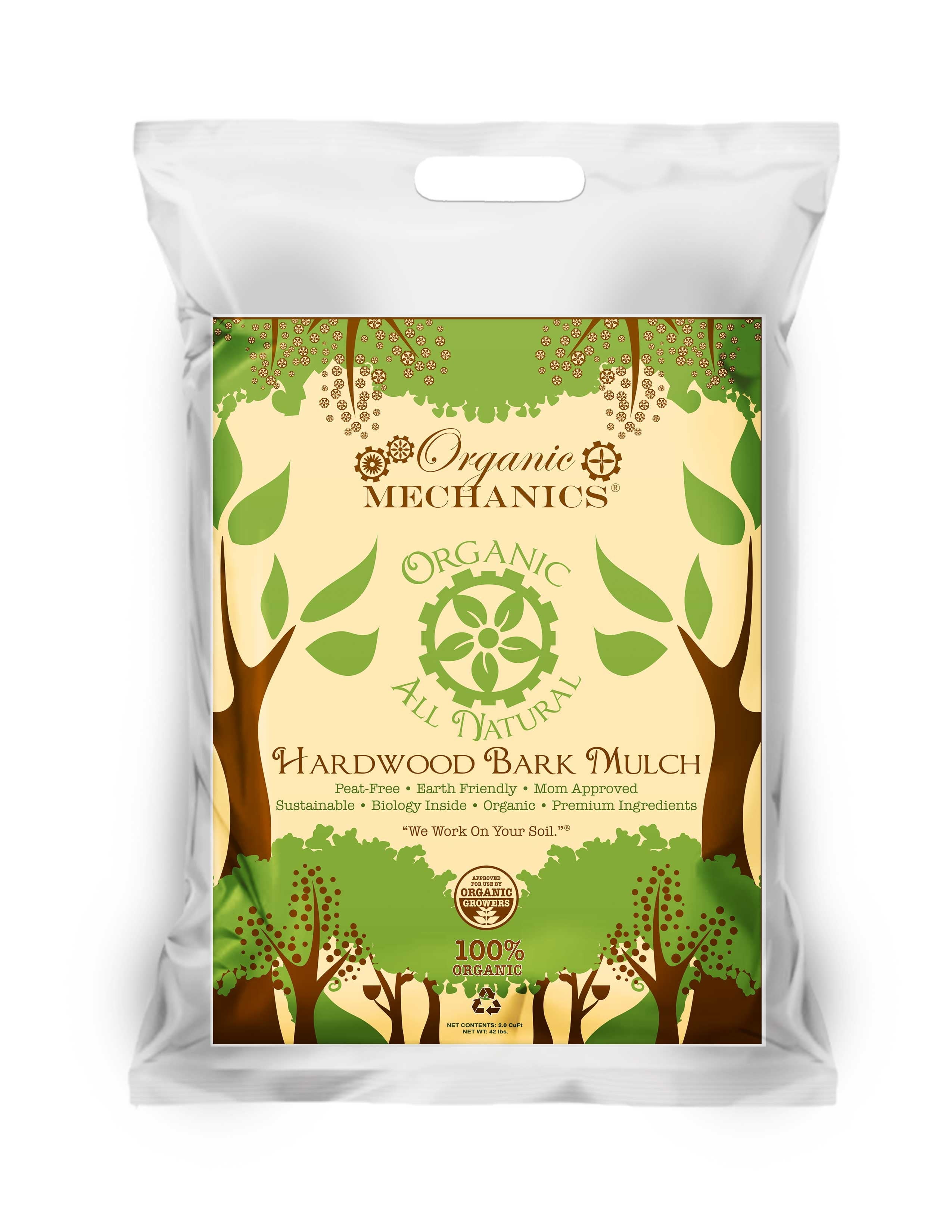 Organic Mechanics Hardwood Bark Mulch, 2 Cubic Foot – Promotes Root Growth and Water Retention – for Trees, Shrubs, Perennials, Annuals, and Gardening - Peat-Free, Eco-Friendly & Locally Sourced