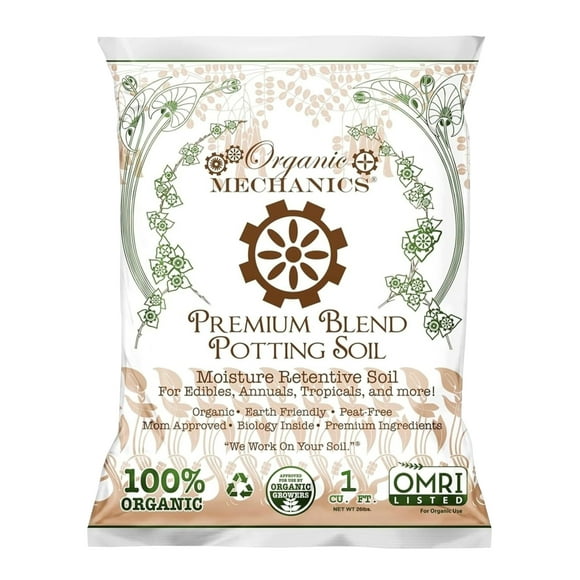 Organic Mechanics Premium Blend Potting Soil, 1 Cu Ft - Moisture-Retentive, Peat-Free, Compost - Enriched Mix with Worm Castings & Perlite for Houseplants, Annuals, Veggies & Tropical Plants
