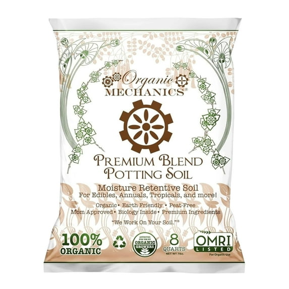 Organic Mechanics Premium Blend Potting Soil, 8 qt - Moisture-Retentive, Peat-Free, Compost - Enriched Mix with Worm Castings & Perlite for Houseplants, Annuals, Veggies & Tropical Plants