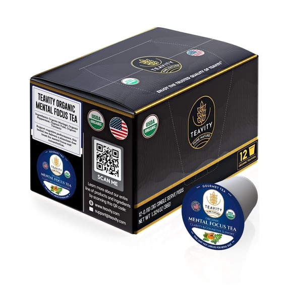 Organic Mental Focus Herbal Tea Pods Compatible with Keurig Brewers by Teavity - 12 Tea Pods