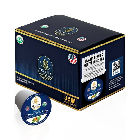 Organic Mental Focus Herbal Tea Pods for Keurig Brewers by Teavity - Decaffeinated, 36 Tea Pods