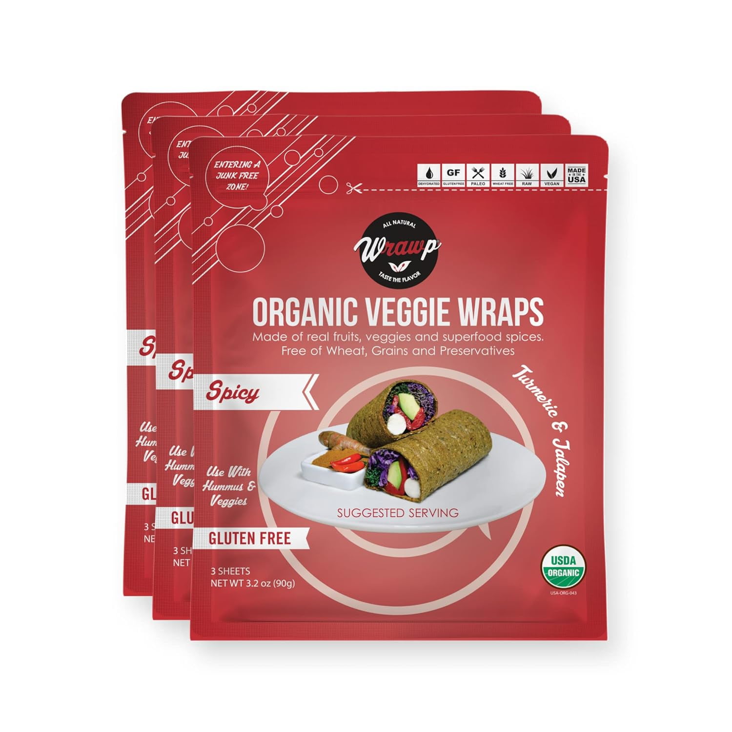 Organic Mini Veggie Wraps SPICY (3 pack) SHELF STABLE, All Natural