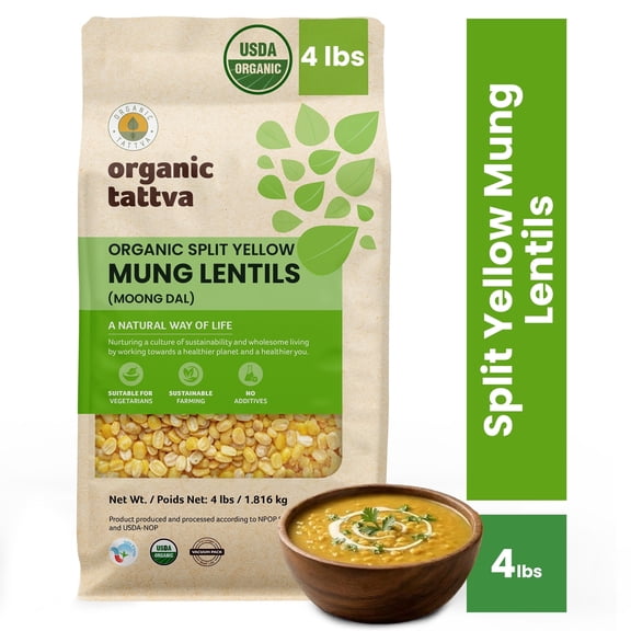 Organic Tattva Yellow Split Mung Beans Lentils 4LB, Dry Moong Dal, Vegan, Kosher, No Additives, USDA Certified