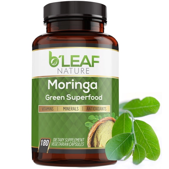 Organic Moringa 180 Capsules 1000mg - Immune System and Energy Booster - Pure Leaf Powder - Vegetarian Caps by B'Leaf Nature
