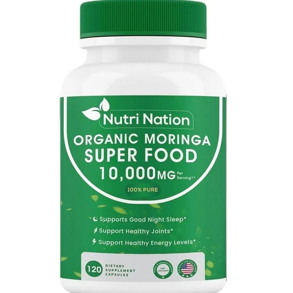 Nutri Nation Organic Moringa Capsules, 10,000 mg, 120 Count, Green Superfood Supplement