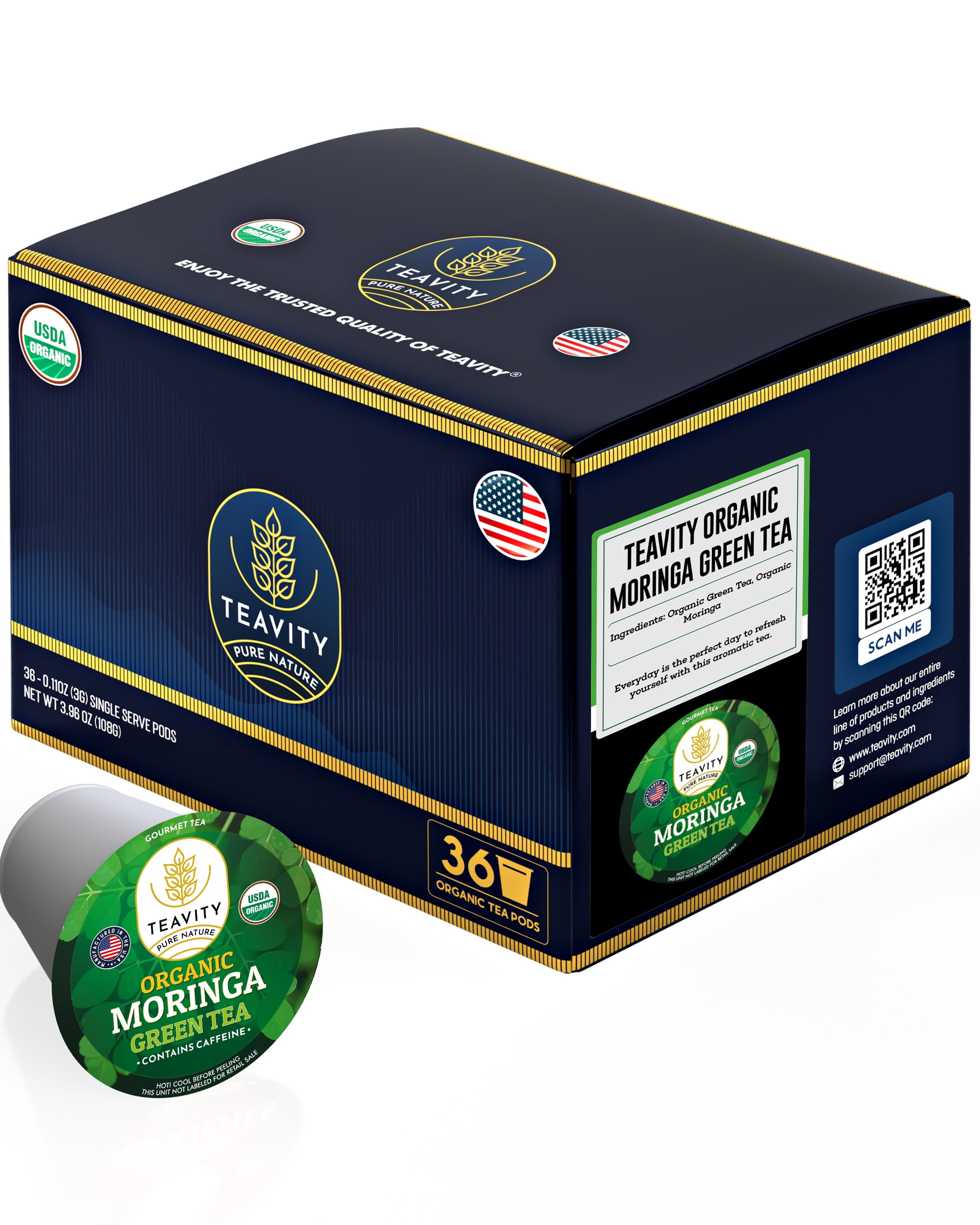 Organic Moringa Green Herbal Tea Pods Compatible with Keurig Brewers by