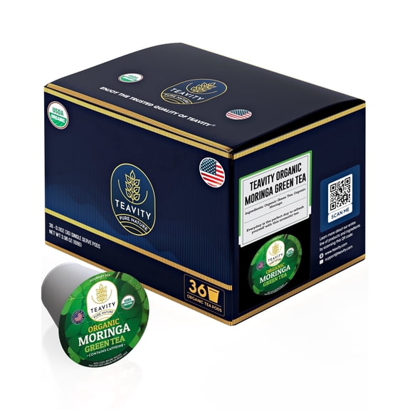 Organic Moringa Green Tea Pods for Keurig Brewers by Teavity - Naturally Caffeinated, 36 Tea Pods