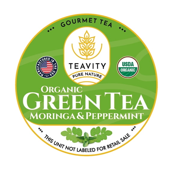 Organic Moringa Green Tea with Peppermint Tea Pods for Keurig - Naturally Caffeinated by Teavity (12 Tea Pods)