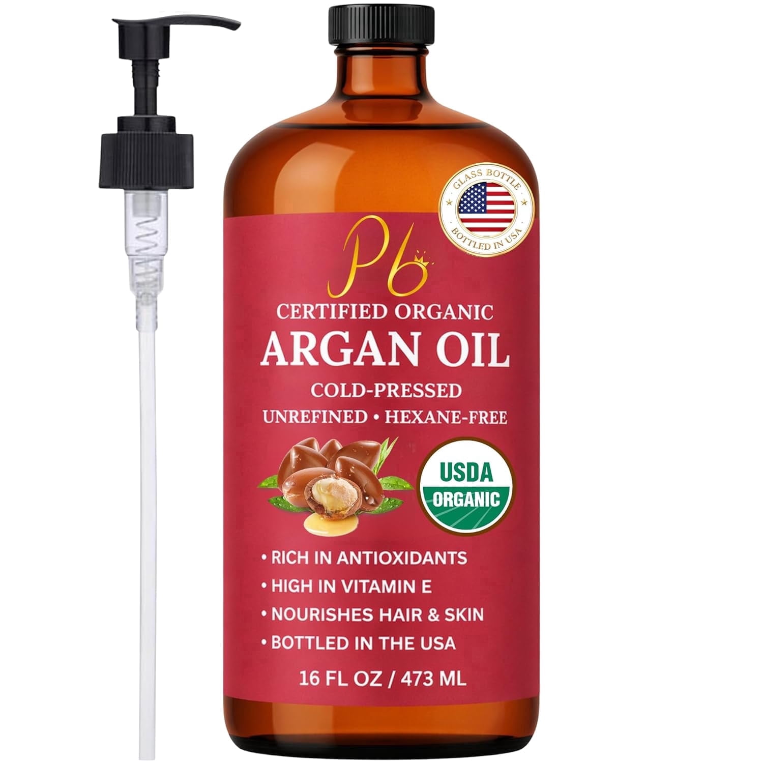 Pomberries Argan Oil | 100% Pure Cold-Pressed Moroccan Argan Oil – Unrefined, Chemical-Free, Additive-Free, for Hair, Face, Skin & Body, 16 FL OZ Glass Bottle with Pump