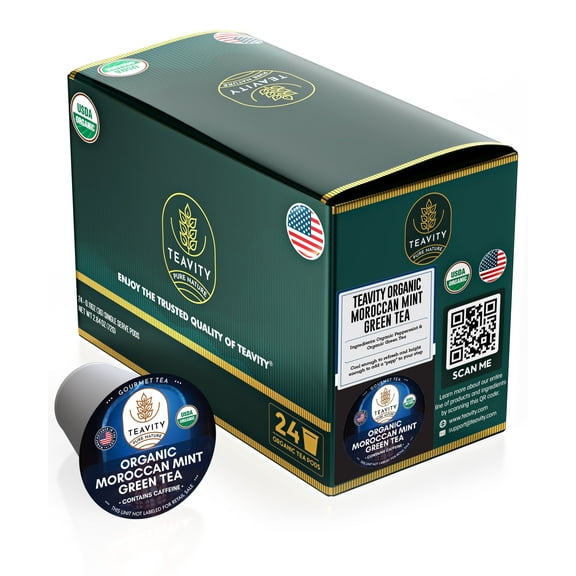 Organic Moroccan Mint and Green Tea Pods for Keurig Brewers by Teavity - Caffeinated, 24 Tea Pods