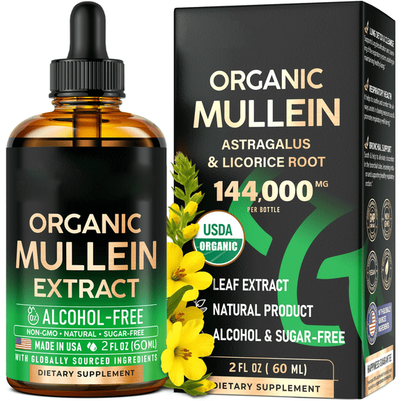 Organic Mullein Leaf Liquid Drops - Herbal Respiratory Support Supplement, Lung & Bronchial Wellness, Alcohol-Free Tincture for Daily Use, 2 fl oz