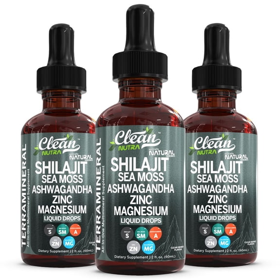 Shilajit Liquid Drops with Sea Moss, Ashwagandha, Zinc, Magnesium, Liquid Vitamins for Women and Men - Terra Mineral by Clean Nutra - 3Pack