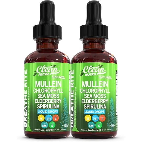 Organic Mullein Liquid Drops With Chlorophyll for Lung Detox Plus Irish Sea Moss, Spirulina, Licorice, Tart Cherry, Lobelia, Motherwort, And Elderberry For Men Women Health Supplement Vitamin (2)