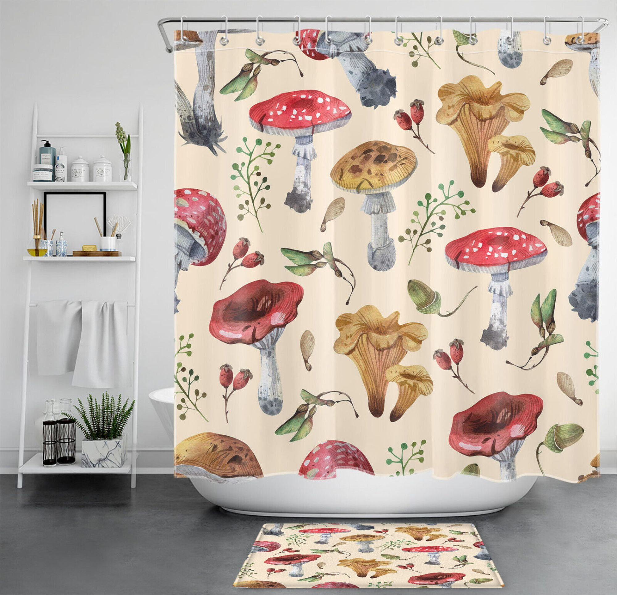 Organic Mushroom Beige Shower Curtain with Botanical Print Earthy