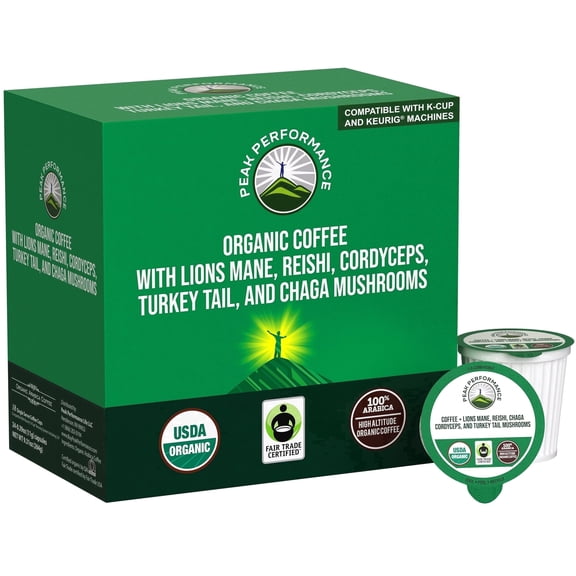 Peak Performance Mushroom Coffee Pods - Organic Low Acid Coffee with Lion's Mane, Reishi, Cordyceps, Turkey Tail and Chaga - 72 Count