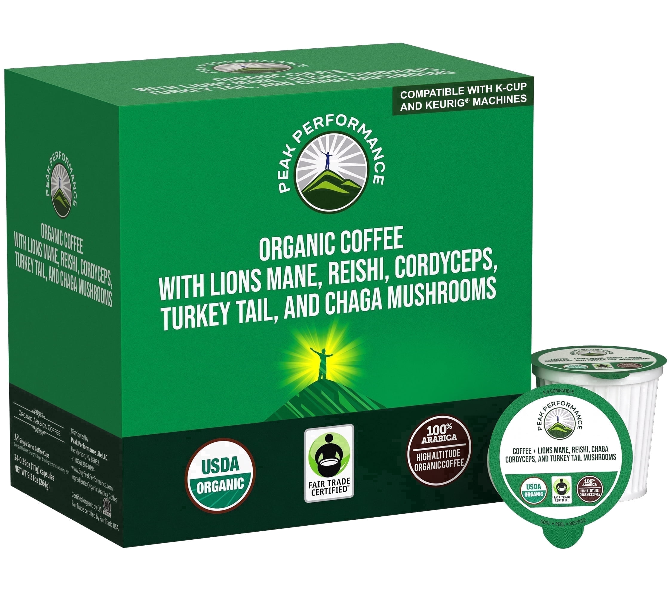Peak Performance Mushroom Coffee Pods - Organic Low Acid Coffee with Lion's Mane, Reishi, Cordyceps, Turkey Tail and Chaga - 72 Count