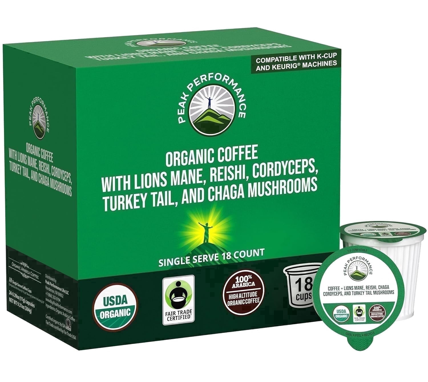 Peak Performance Mushroom Coffee Pods - Organic Low Acid Coffee with Lion's Mane, Reishi, Cordyceps, Turkey Tail and Chaga - 18 Count