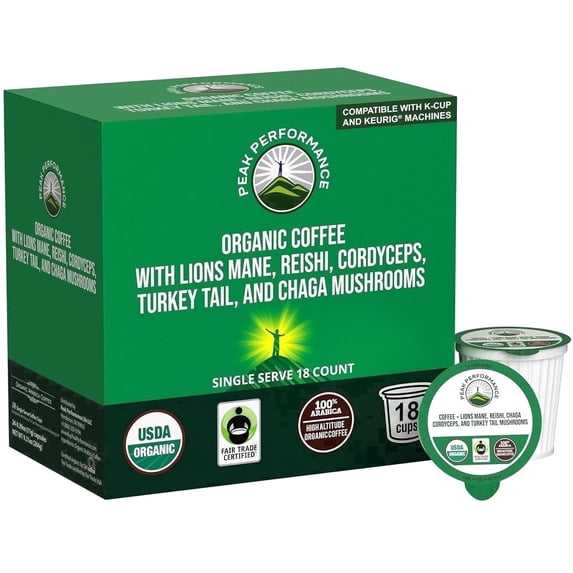 Peak Performance Mushroom Coffee Pods - Organic Low Acid Coffee with Lion's Mane, Reishi, Cordyceps, Turkey Tail and Chaga - 18 Count