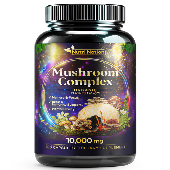 Organic Mushroom Supplement 120 Capsules 10,000mg for Brain, Memory and Focus Support Nutri Nation