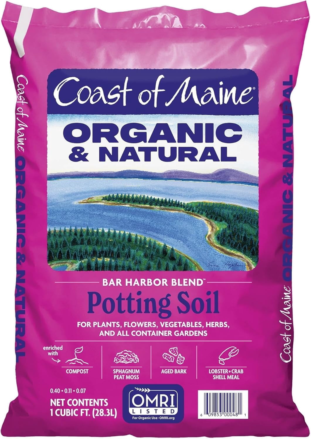 Organic & Natural Bar Harbor Blend Potting Soil - Organic Soil w/Perlite for Enhanced Drainage & Aeration - for Flowers, Herbs & Veggies, Floral Baskets & Container Gardening (1CF)