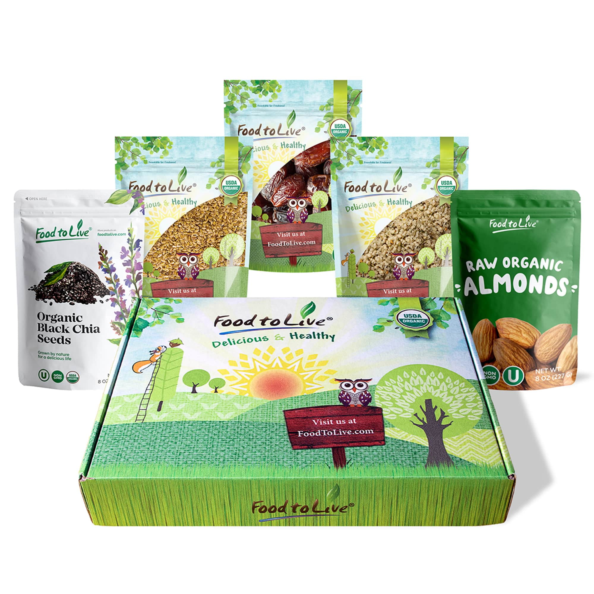 Organic Nuts, Seeds and Fruits in a Gift Box - A Variety Pack of Almonds, Chinese Hemp Seeds, Medjool Dates, Chia Seeds and Golden Flax Seeds – by Food to Live