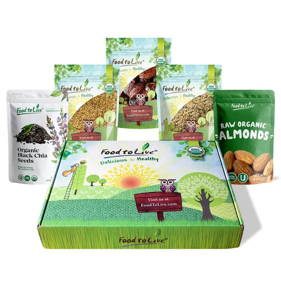 Organic Nuts, Seeds and Fruits in a Gift Box - A Variety Pack of Almonds, Chinese Hemp Seeds, Medjool Dates, Chia Seeds and Golden Flax Seeds – by Food to Live